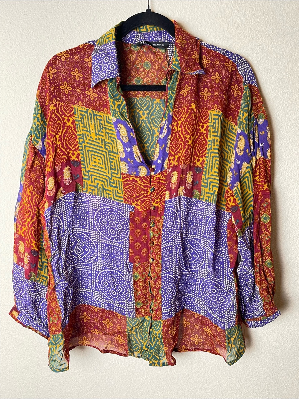 Zara Multicolor Boho Patchwork Long Sleeved Button Front Shirt Top Blouse Small